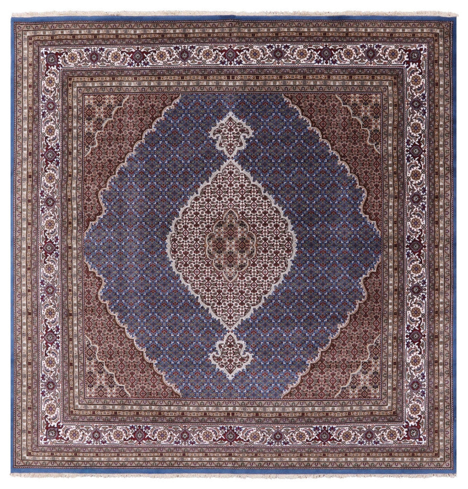 9' Square Persian Tabriz Wool & Silk Hand Knotted Rug - Q13012