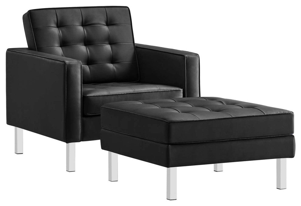Loft Tufted Vegan Leather Armchair and Ottoman Set, Silver Black