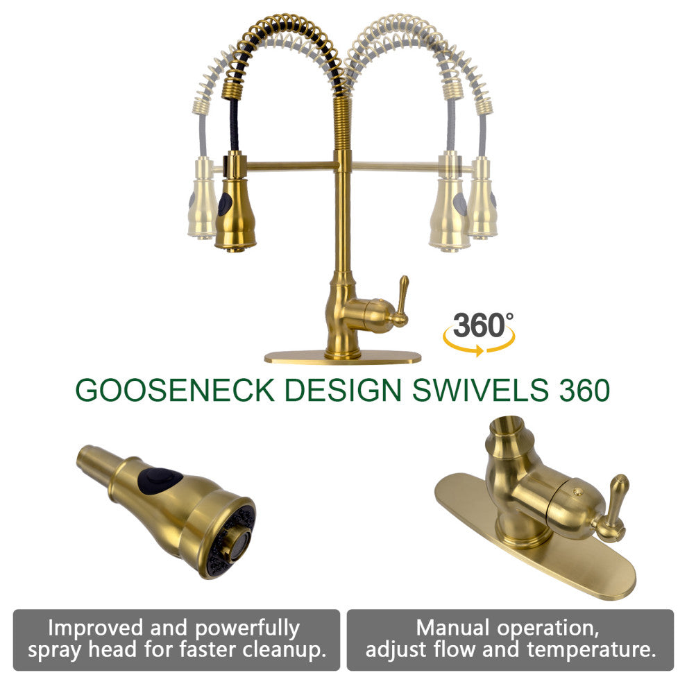 Copper Pre-Rinse Spring Kitchen Faucet with Pull Down Sprayer, Brushed Gold