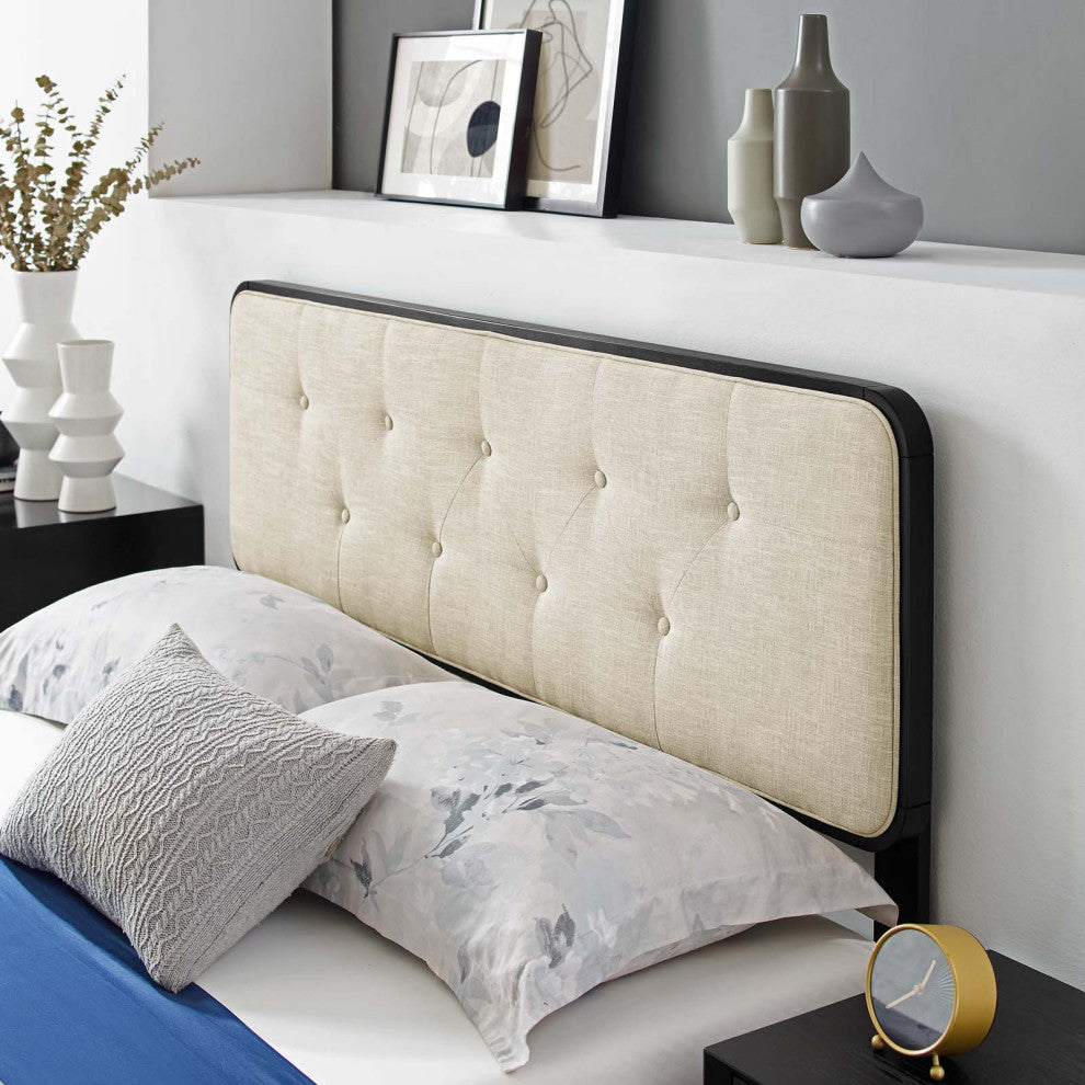 Platform Bed Frame, Queen Size, Fabric, Wood, Black Beige, Modern Mid-Century