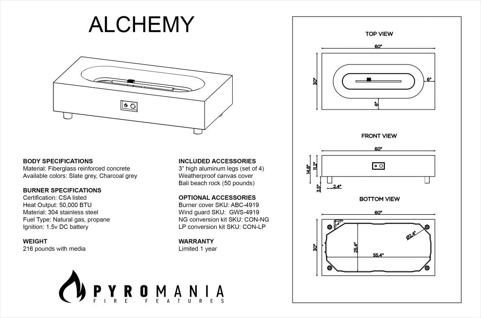 Pyromania Alchemy Concrete Fire Pit Table, 60"x30", Charcoal, Natural Gas