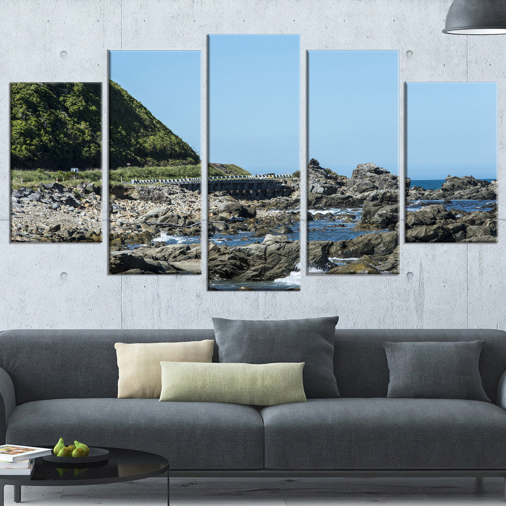 "Beautiful New Zealand Rocky Beach" Modern Seascape Wall Art, 5 Panels, 60"x32"