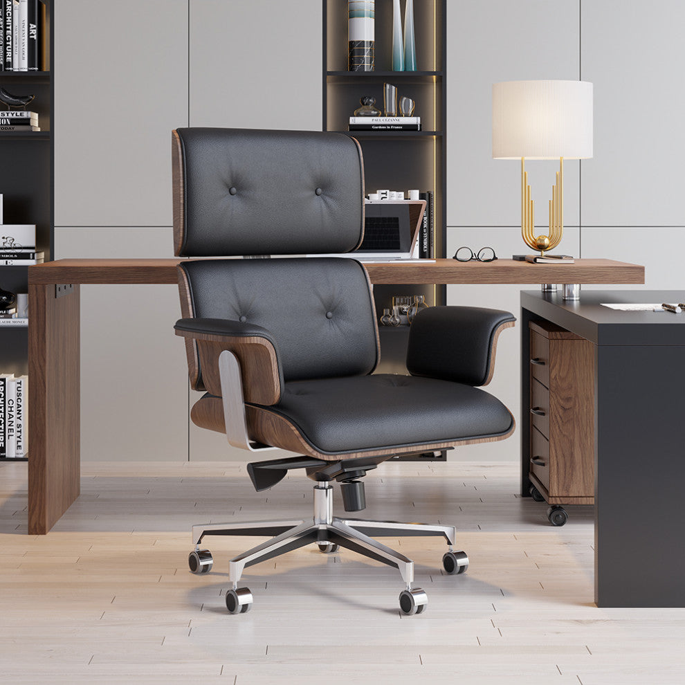 Black Home Office Chair Swivel Upholstered Wooden Desk Chair Adjustable Height, Black