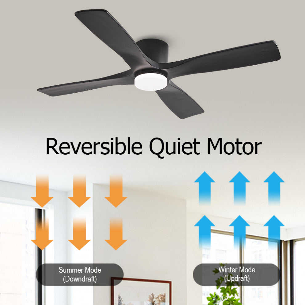54" 4 Blades Indoor Flush Mount Ceiling Fan, Light Kit, Black