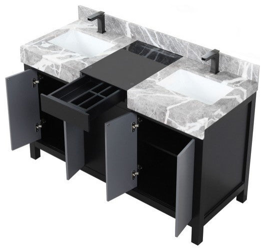 Zilara 55" Black and Grey Double Vanity, Balzani Gun Metal Faucet Set