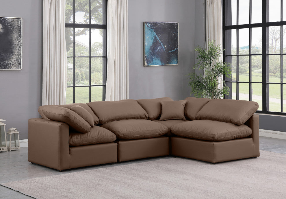 Indulge Upholstered Modular L-Shaped Sectional, Brown, 4-Piece: 2 Armless Chair, 2 Corner Chair, Fiber Stuffed Vegan Leather