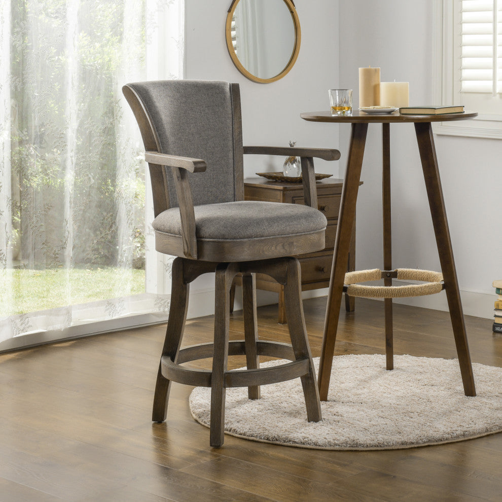 Williams Swivel Bar and Counter Stool With Armrests, Heathered Grey Linen, Counter Height