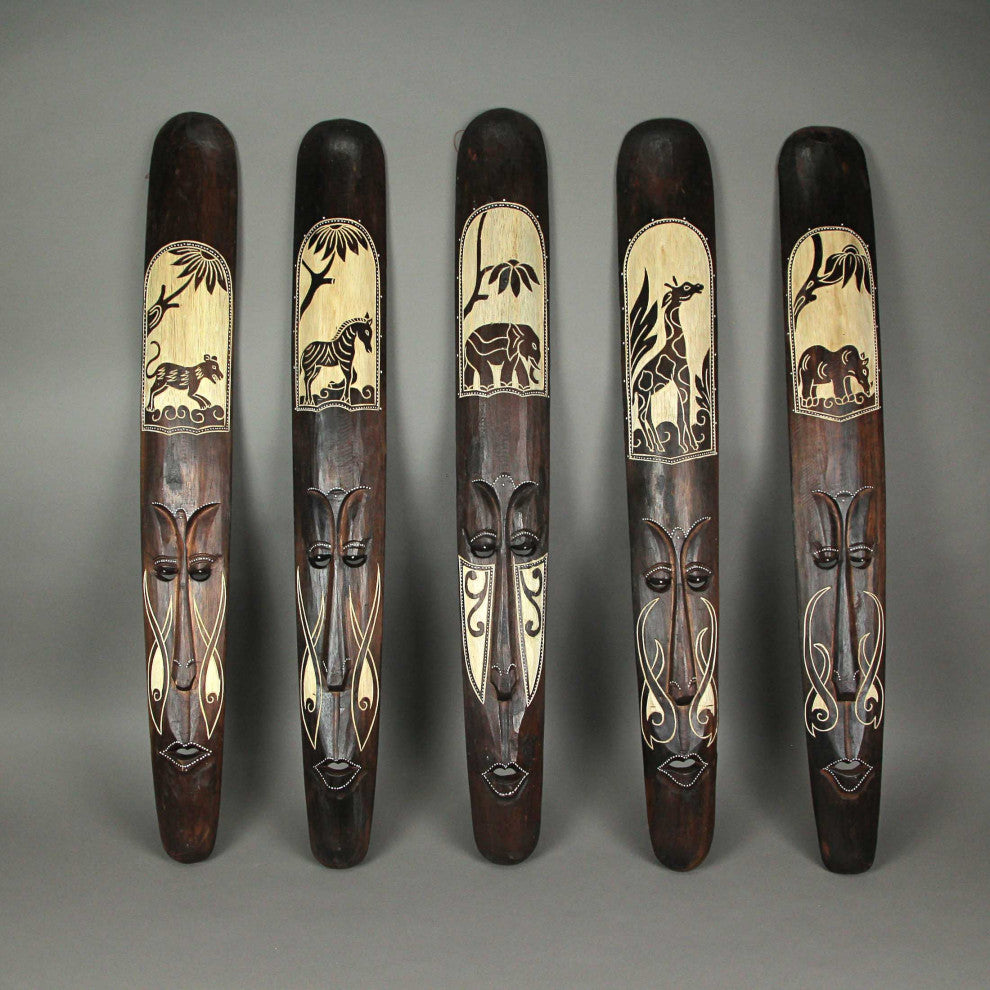 Set of Five 39 Inch Hand Carved African Style Tribal Masks Wall Bar Decor