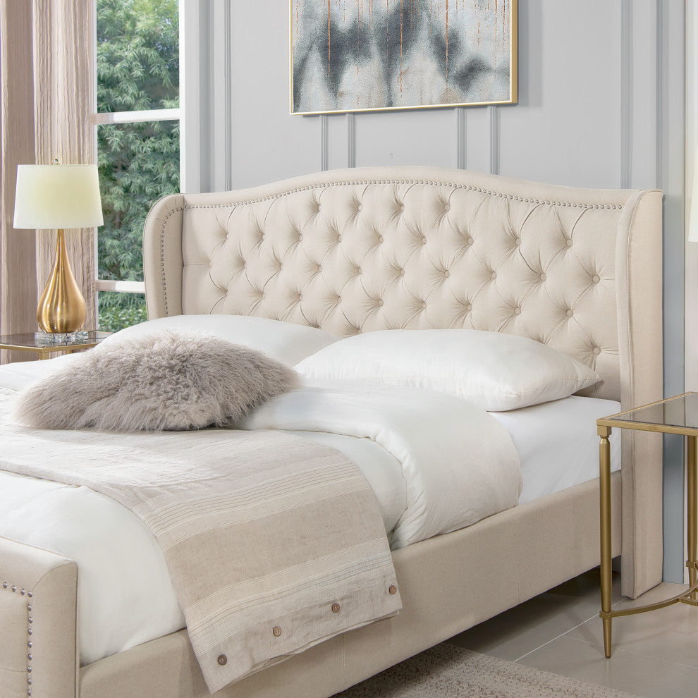 Fontana Wingback Upholstered Platform Bed Frame, Sky Neutral Beige Polyester, King