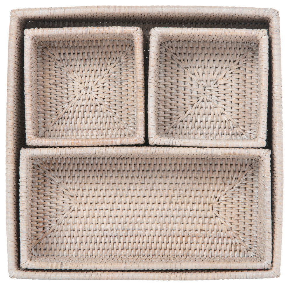La Jolla Rattan 4-Piece Nesting Desk, Shelf, Cabinet Tray Organizer, White-Wash