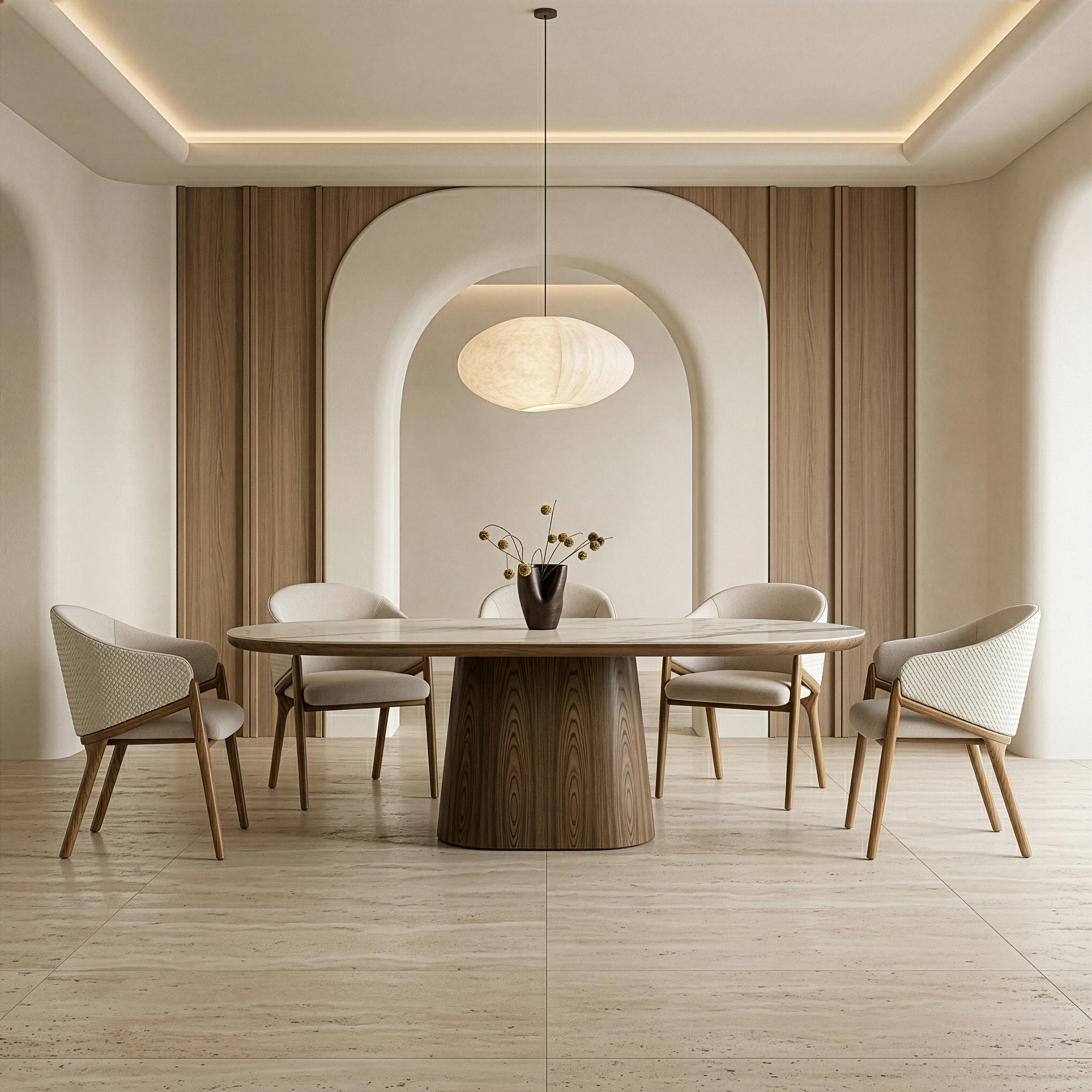 Modrest Lunde Cream Fabric, Vegan Leather & Walnut Arm Dining Chair