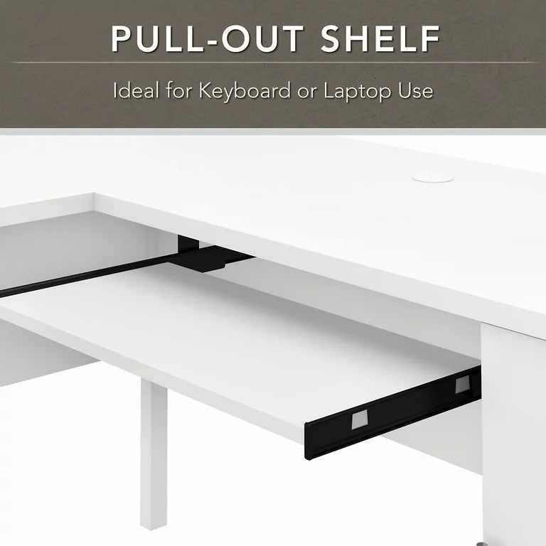 Transitional Desk, L-Shaped Design With Pull Keyboard Tray & Grommet, White