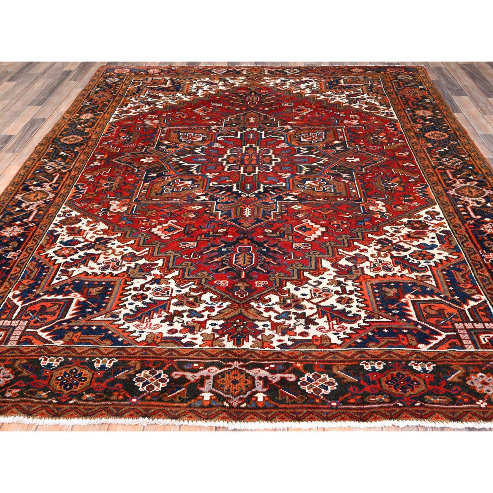 Chili Red Worn Wool Hand Knotted Vintage Persian Heriz Oriental Rug 7'5"x8'10"