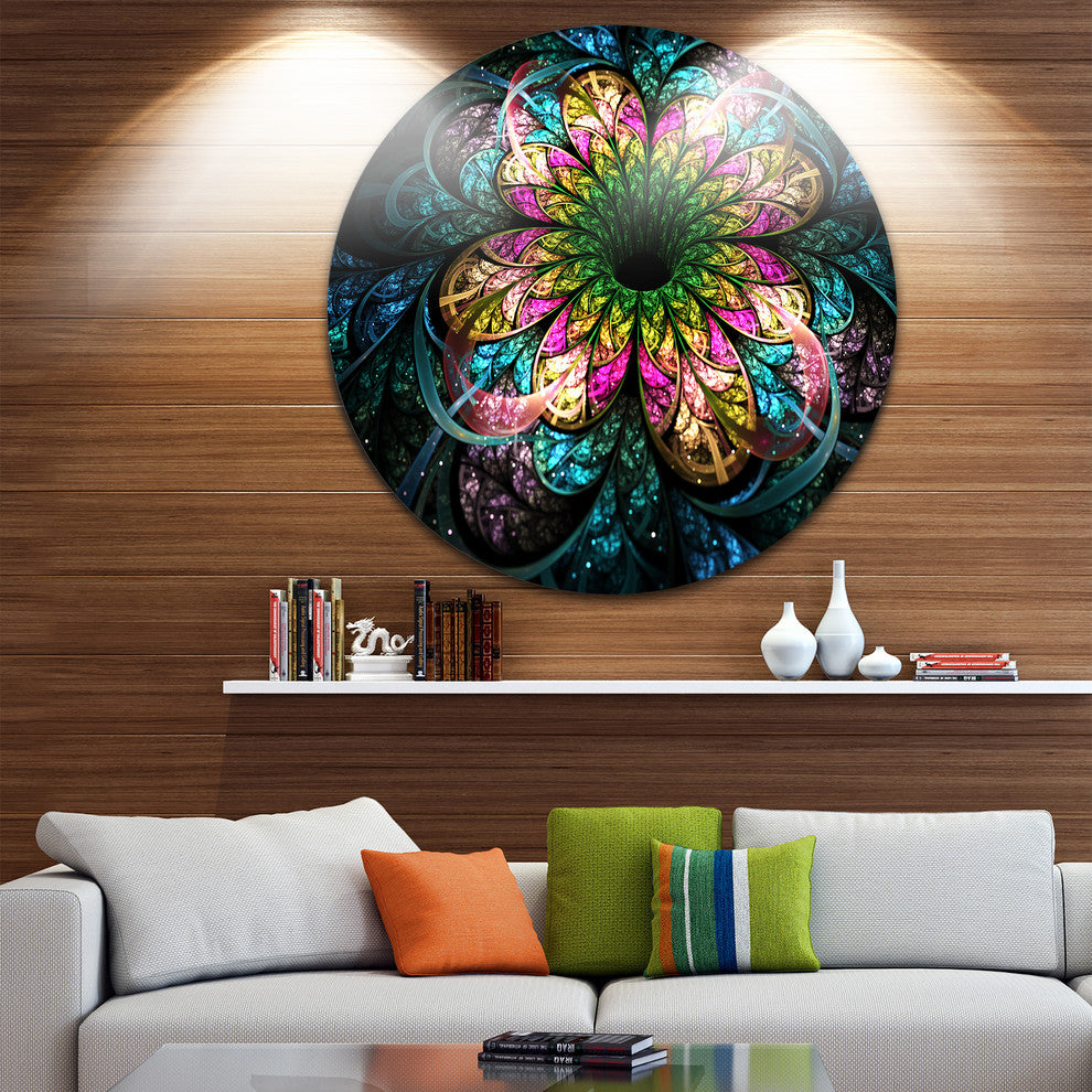 Fractal Flower Dark Colorful Digital, Floral Disc Metal Wall Art, 36"