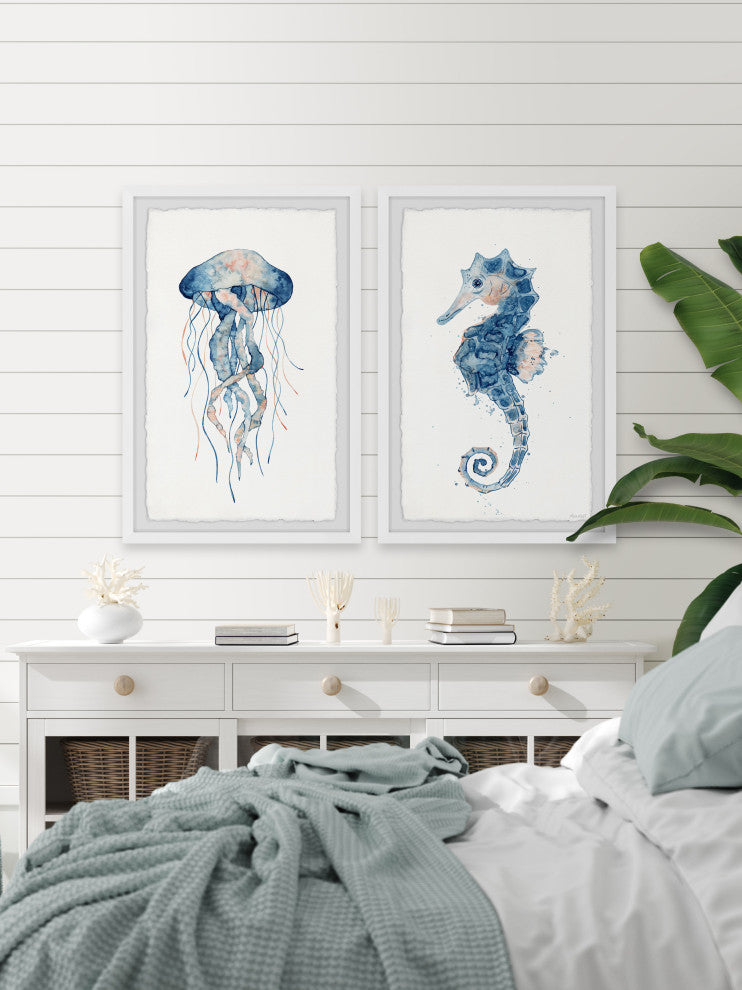 Jellyfish and Seahorse Diptych, 2-Piece Set, 8x12 Panels