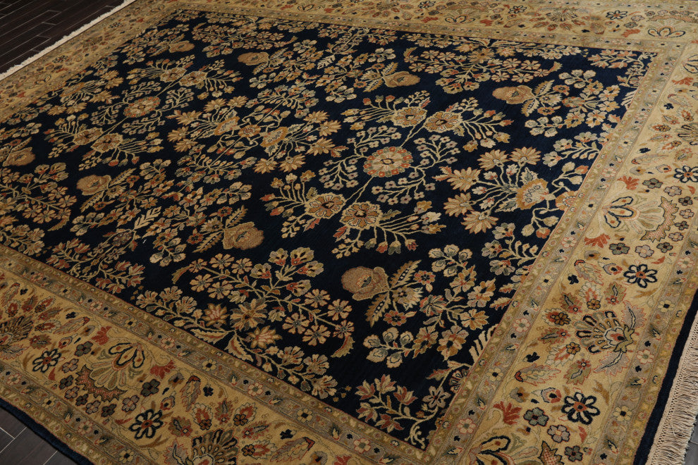 8'11''x11'8'' Hand-Knotted Wool 250 KPSI Oriental Area Rug, Midnight Blue & Tan