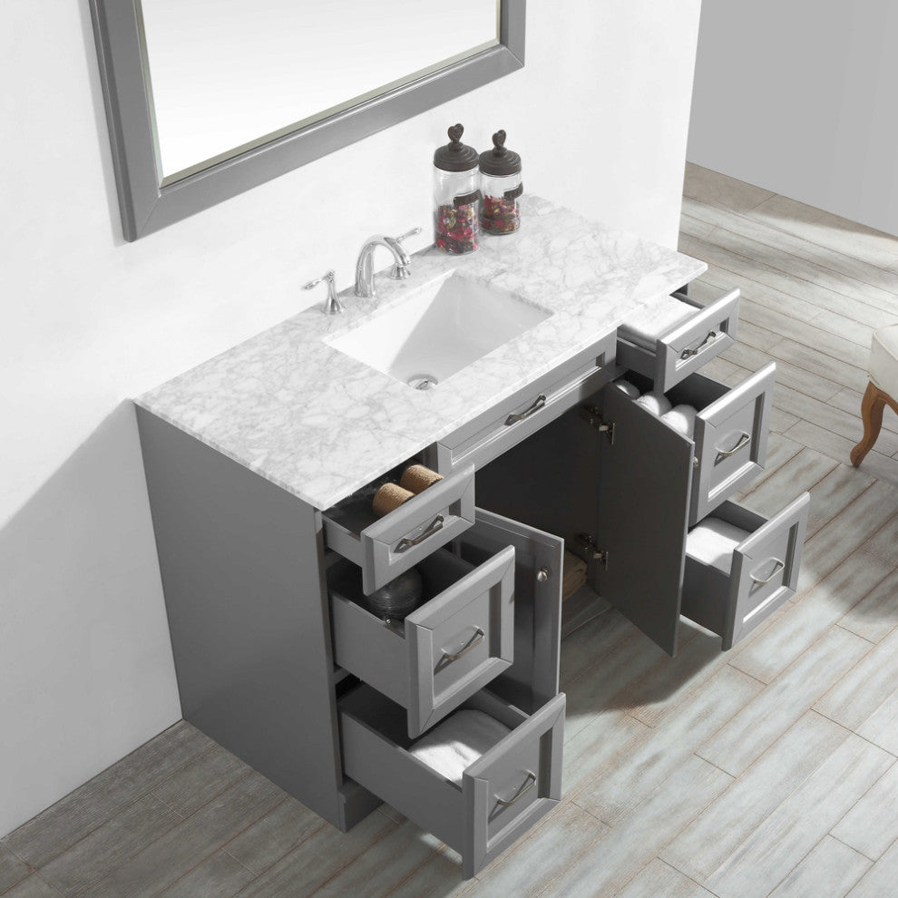 Naples 48" Vanity, Grey With Carrara White Marble Countertop With Mirror
