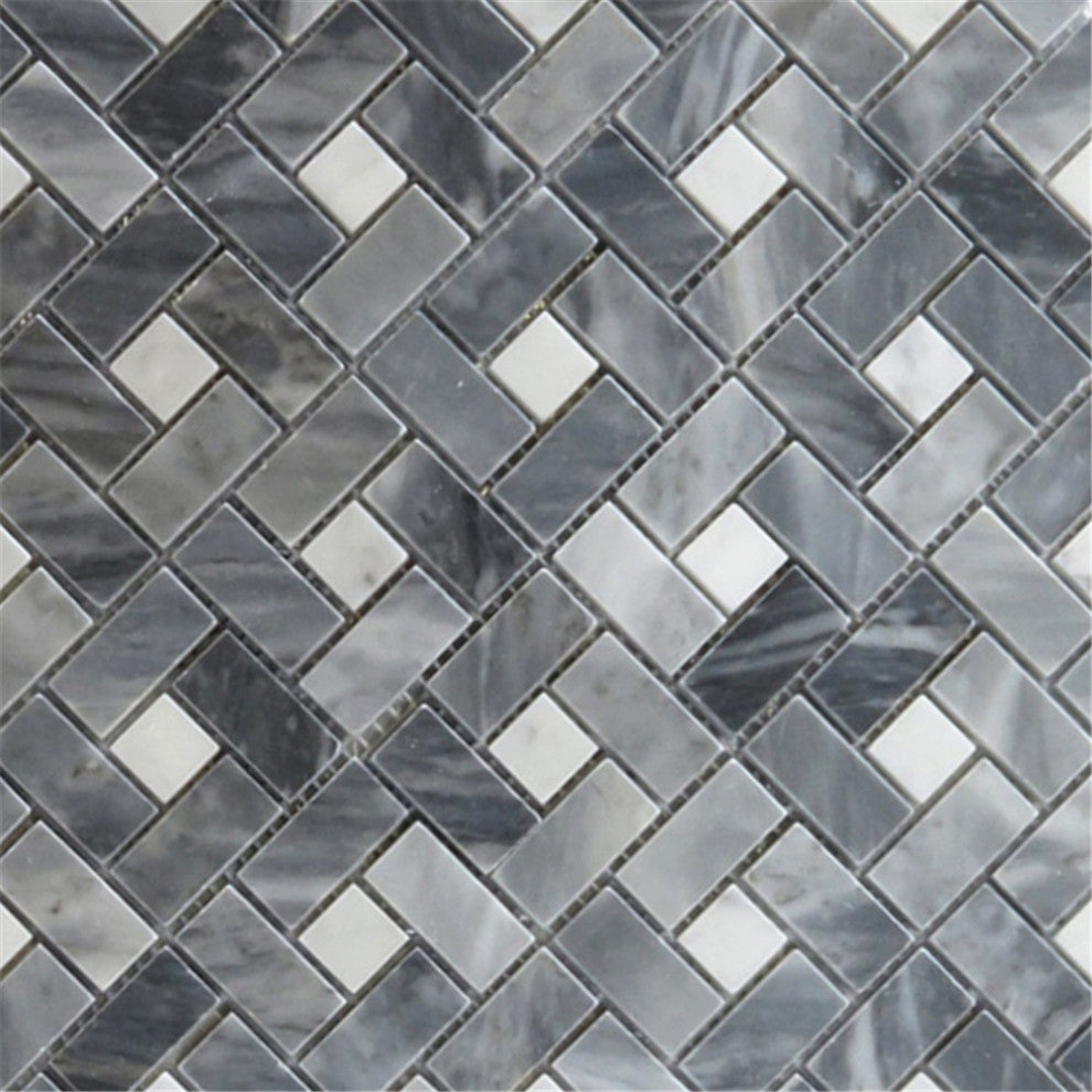 Bardiglio Gray Dark Grey Marble Pinwheel Mosaic Tile White Dots Polish, 1 sheet