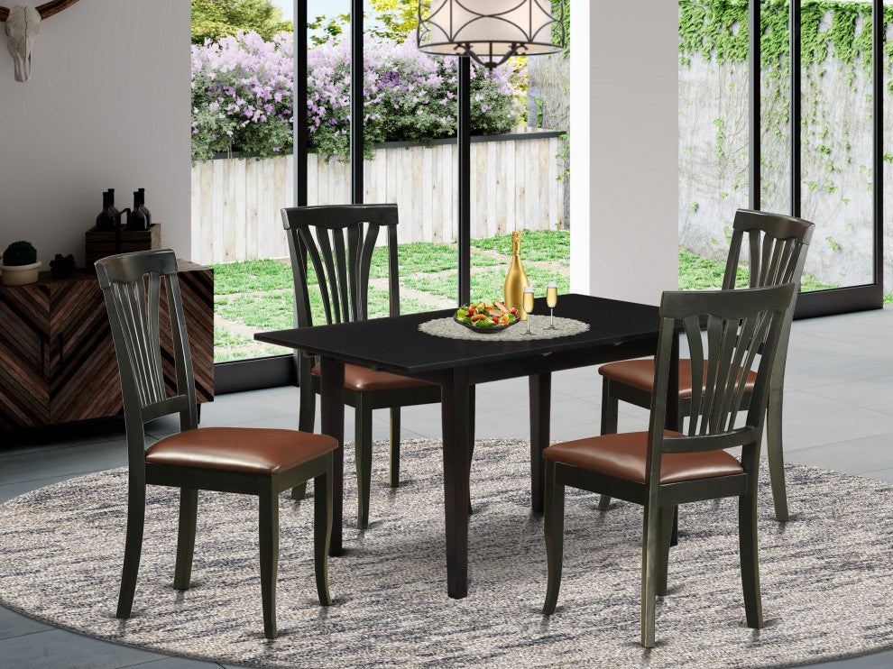 5-PieceDining Set 4 Chairs, Faux Leather Seat, Butterfly Leaf Table, Black