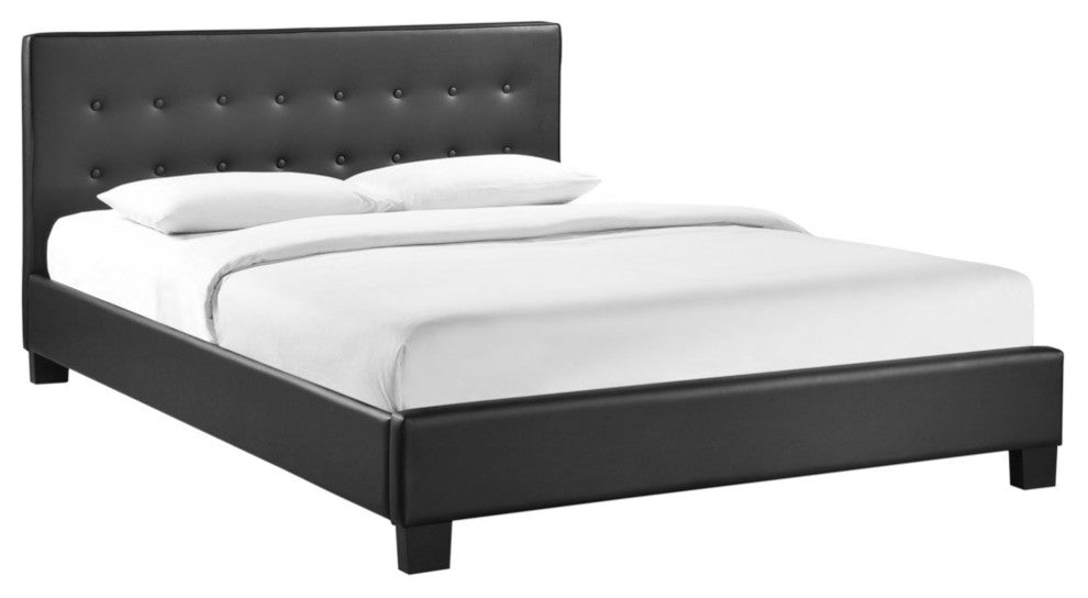 Modern Contemporary Queen Size Vinyl Bed Frame, Black Faux Leather