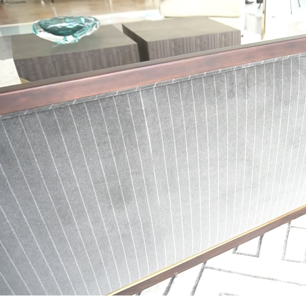 Elegant Pinstripe Gray 3 Seat Sofa Exposed Wood Velvet Curved Back Contemporary