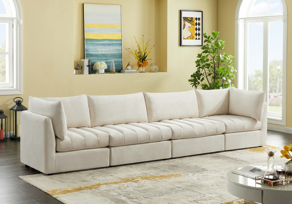 Jacob Velvet Upholstered 4-Piece Modular Sofa, Cream