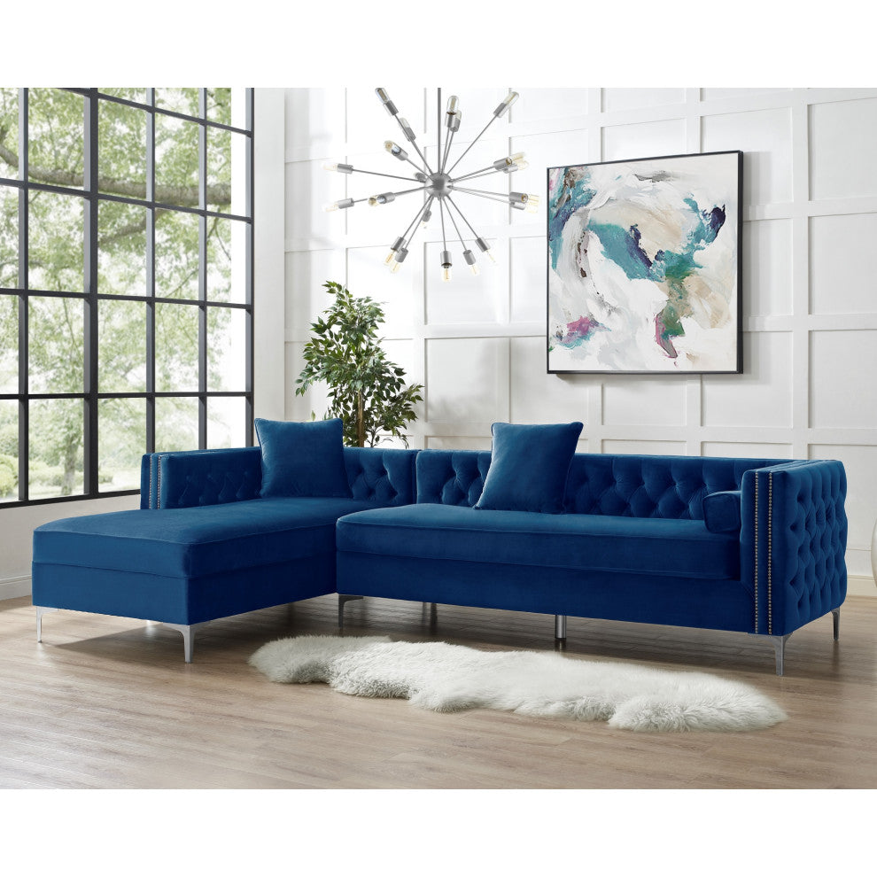 Jeannie Velvet Tufted With Nailhead Trim Sectional, Navy, Left Facing Chaise