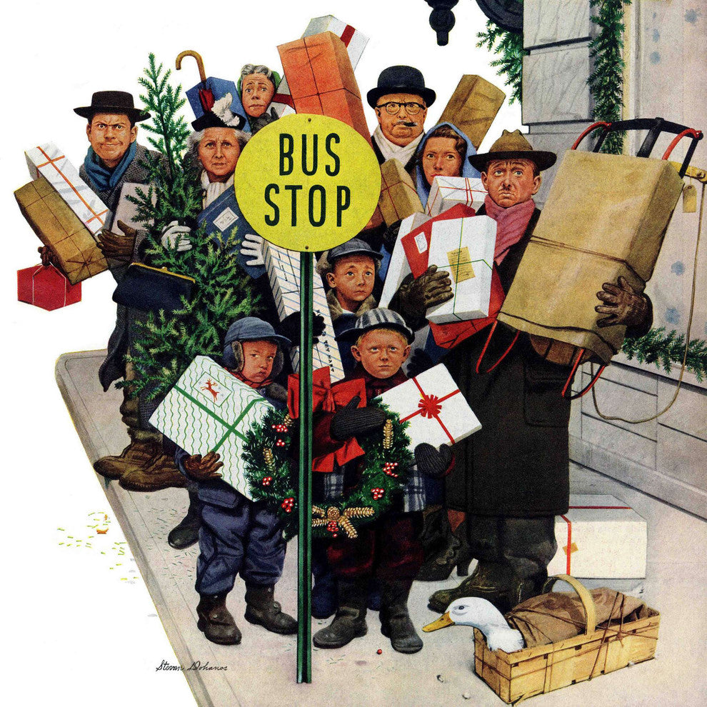 "Bus Stop at Christmas" Painting Print on Canvas by Stevan Dohanos