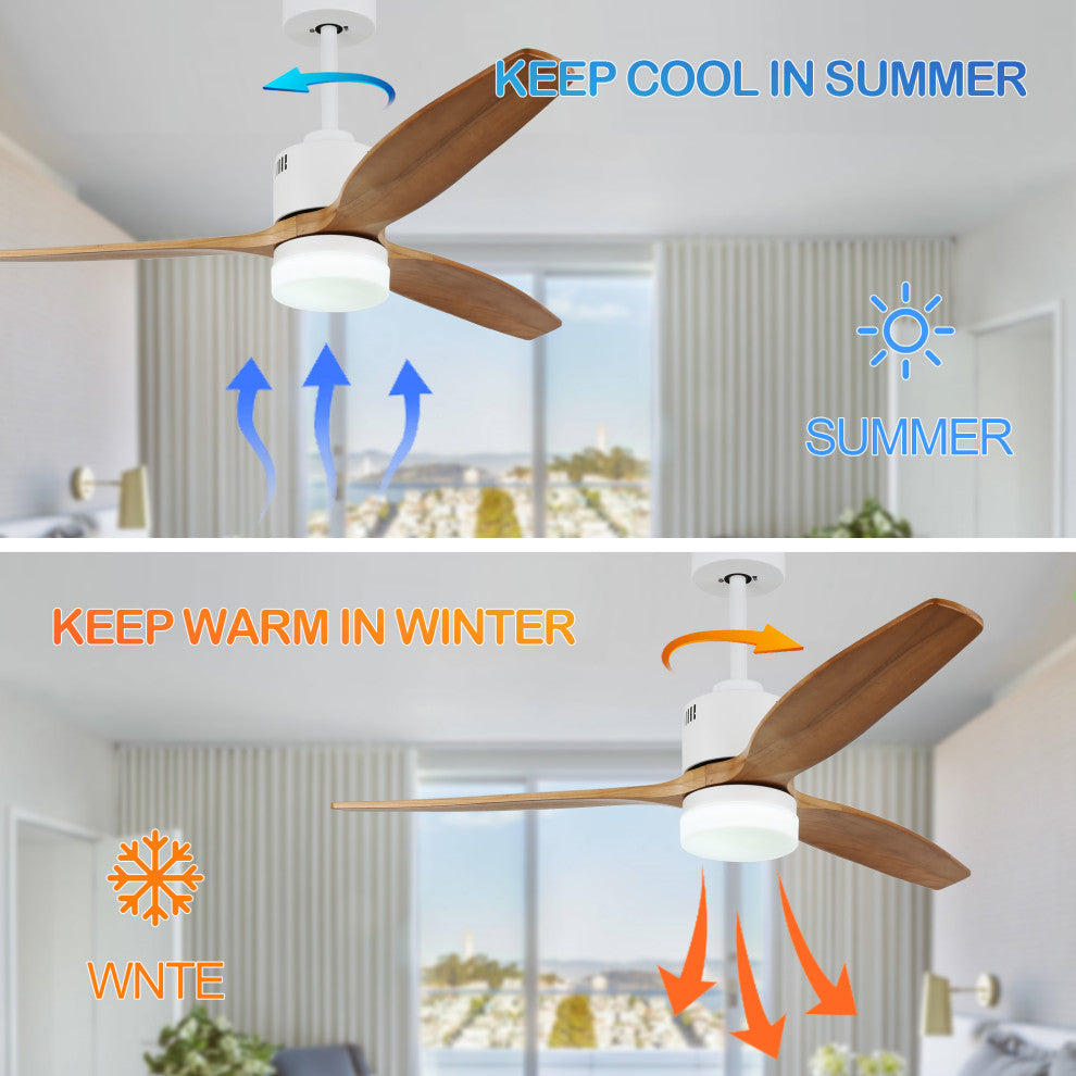 52" Reversible Wood Blades Ceiling Fan With Remote Control, 6 Speed