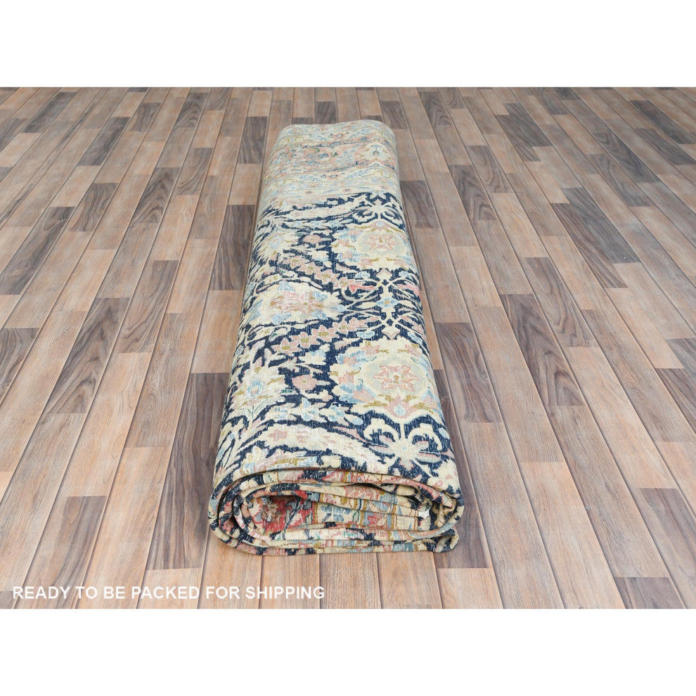 Yale Blue Vintage Persian Kerman Wool Hand Knotted Oversized Rug 11'7"x15'9"