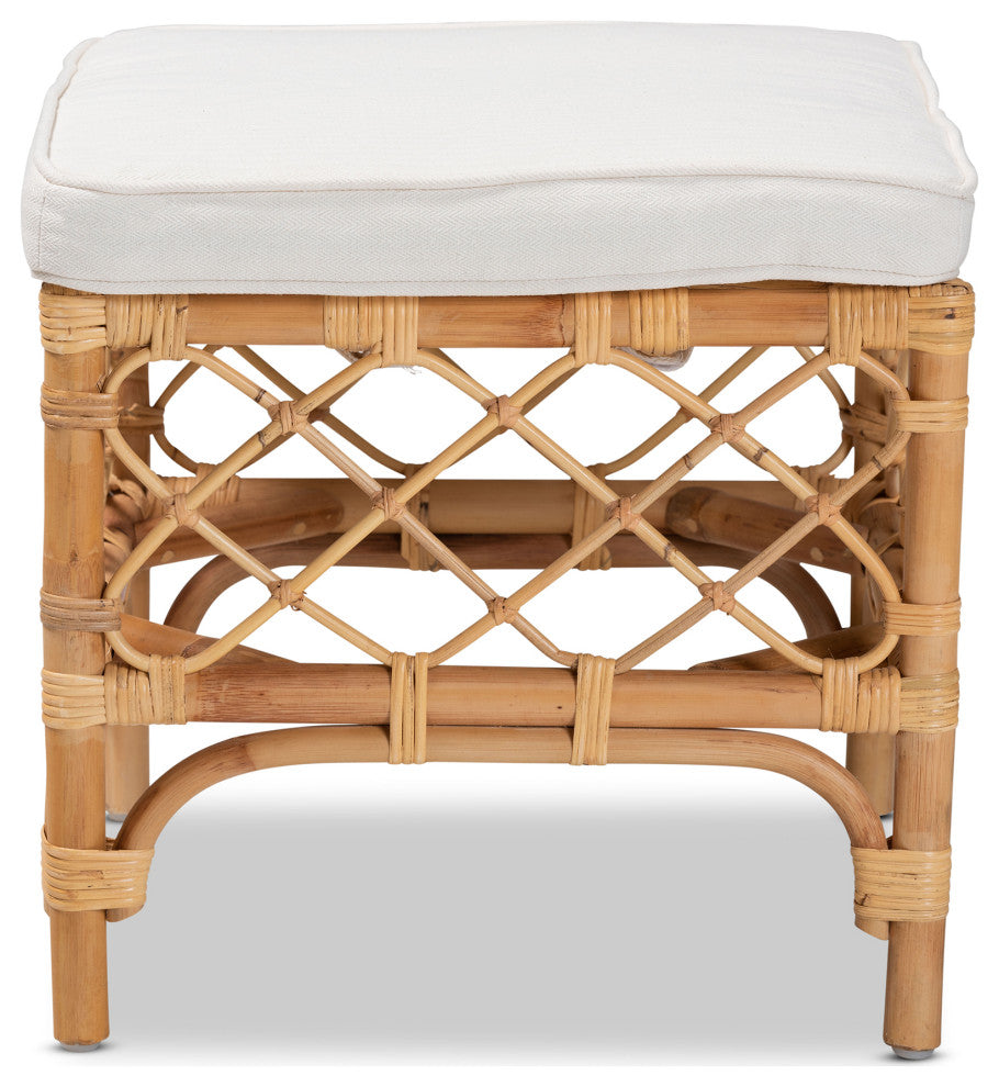 Steele Modern Bohemian Rattan Collection, White/Natural Brown, Ottoman