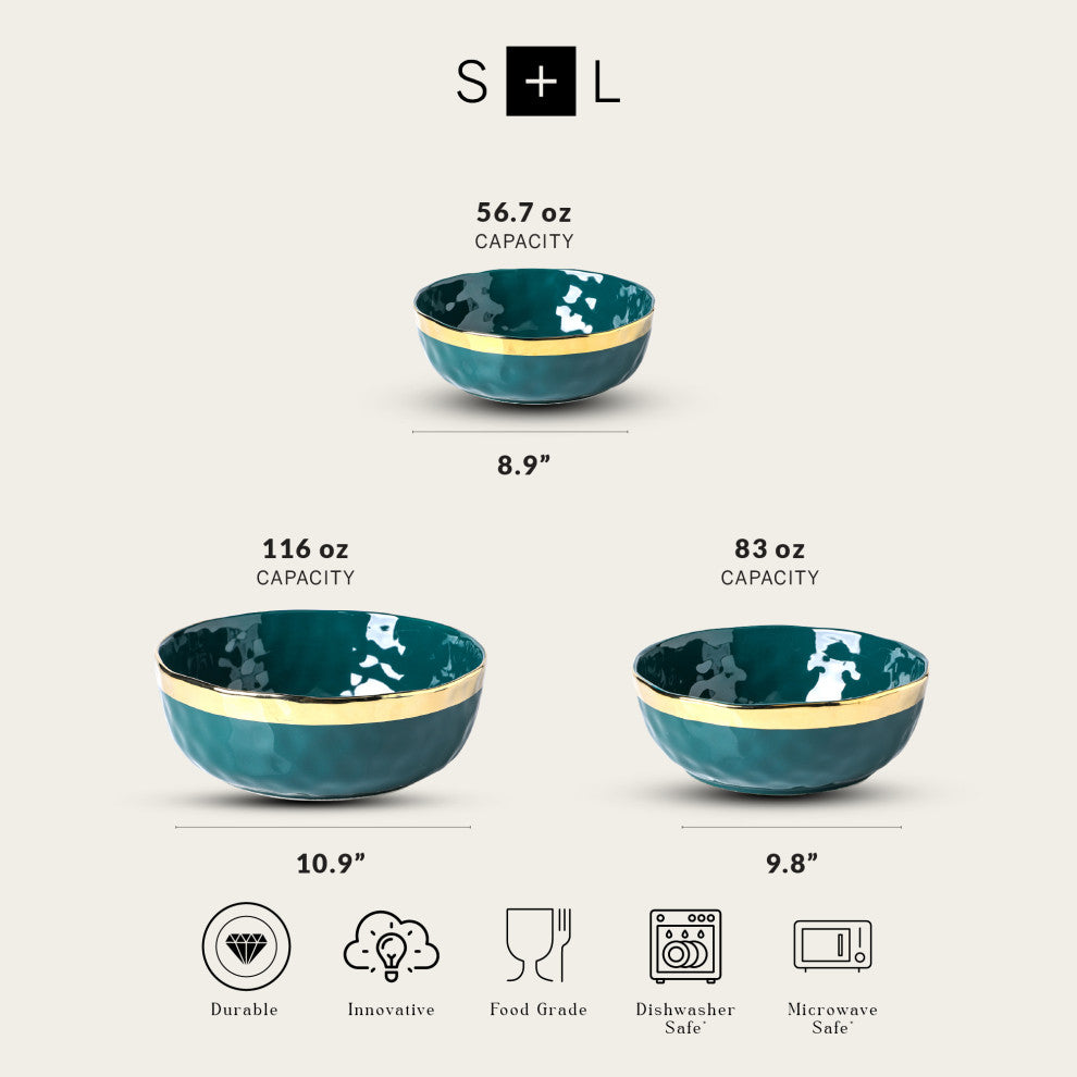 3-Piece Stone Lain Florian Porcelain Serving Bowl Set, Green