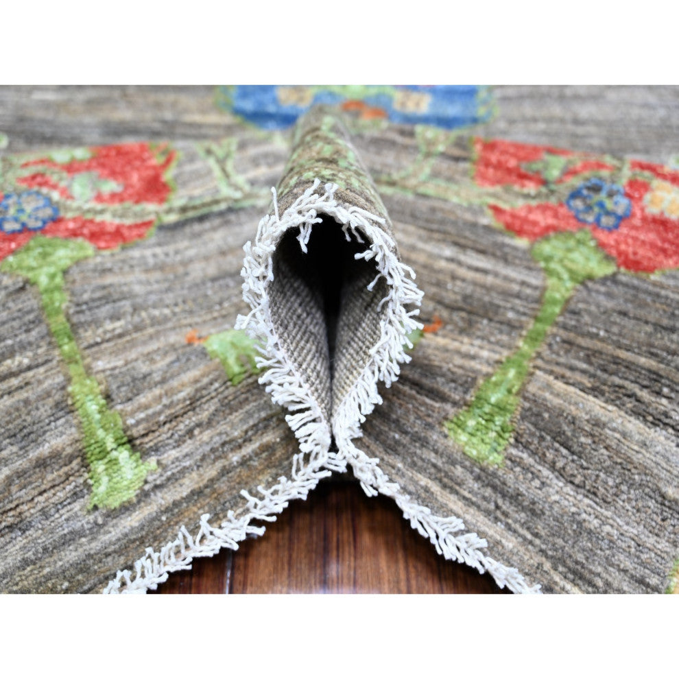 Wolf Gray Folk Art Willow Cypress Tree Design Wool Hand Knotted Rug 7'11"x9'5"