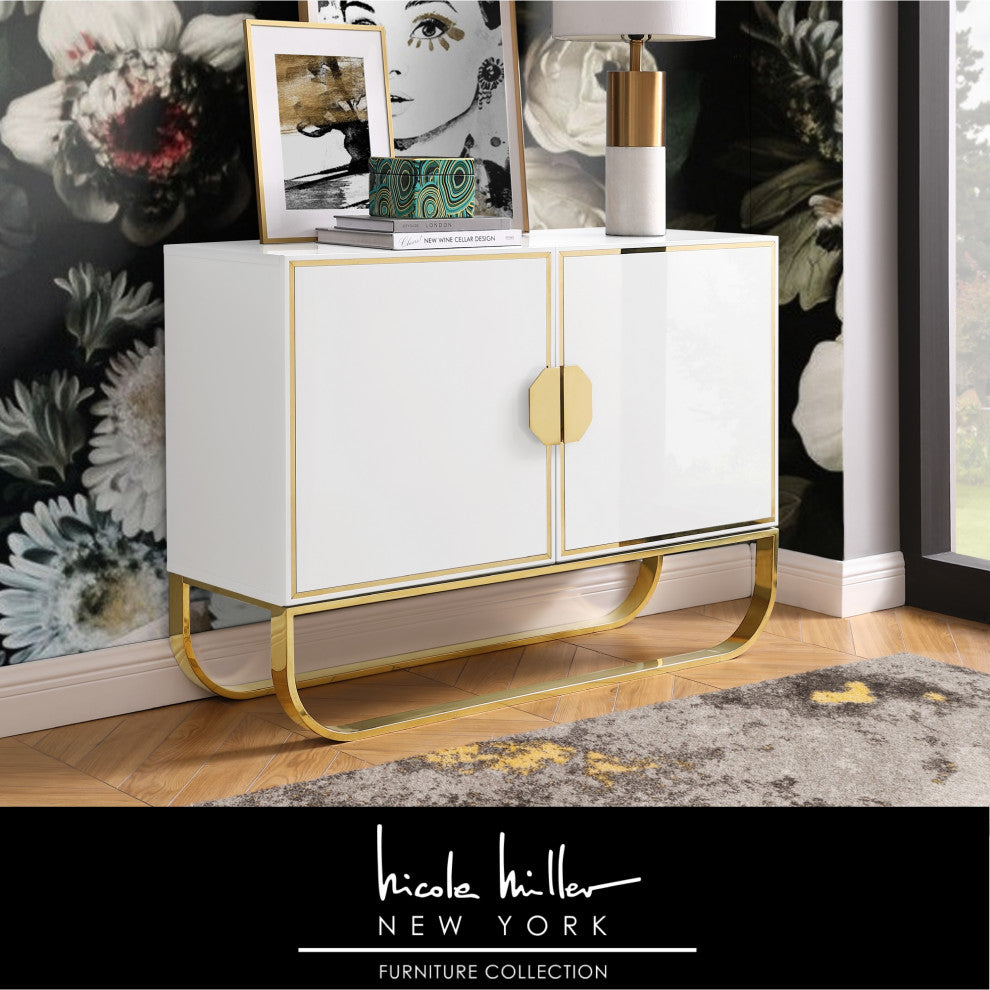 Nicole Miller Jacelynn Sideboard, White/Gold, 2-Door