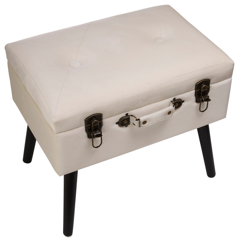 19.69"L Velvet Upholstered Storage Stool, Seashell White