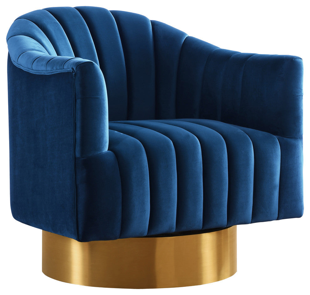 Farrah Velvet Upholstered Accent Chair, Navy, Gold Swivel Base