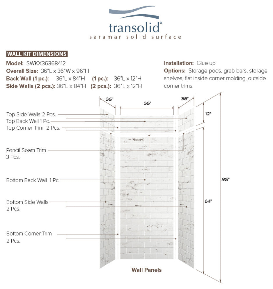 Transolid SaraMar 36"x36"x96" 6-Piece Shower Wall Kit, White Venito