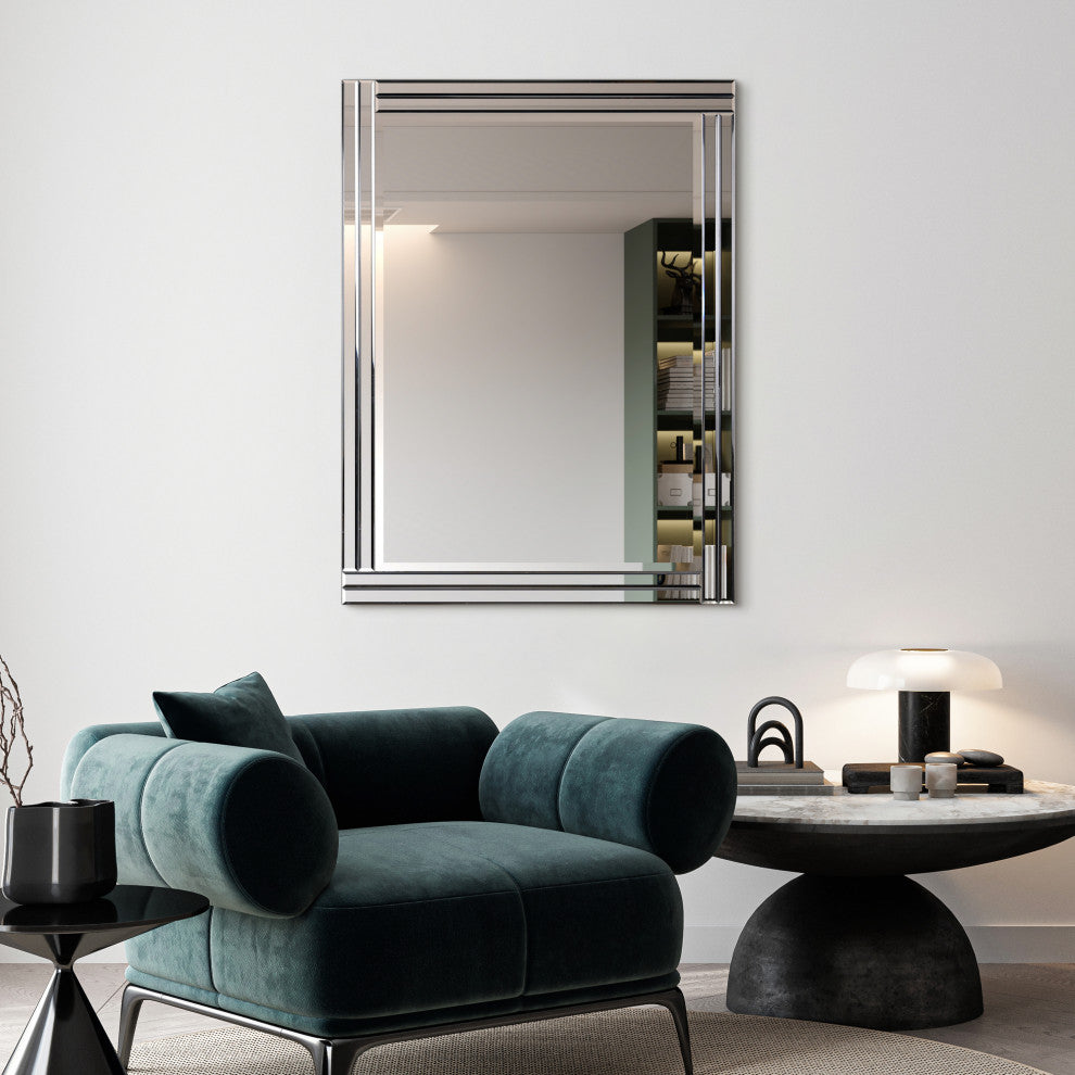 Stepped Beveled Rectangle Wall Mirror, Solid Wood Frame, 1" Center Mirror, 30" X 40"