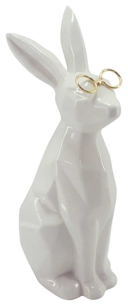 Ceramic 9"H Bunny With Glasses, White/Gold