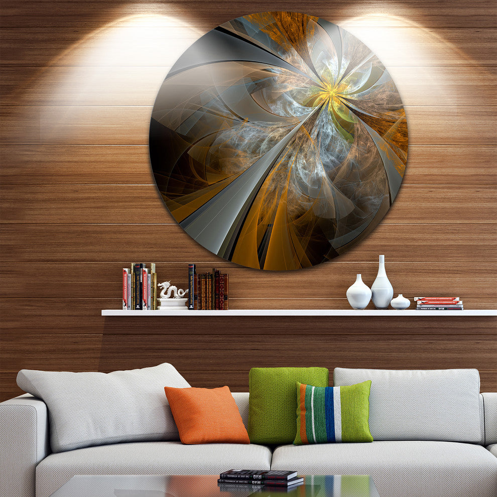 Designart Symmetrical Yellow Fractal Flower Digital Art Circle Metal Artwork 36"