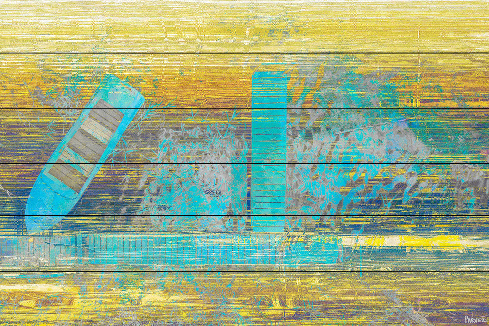 "Blue Boat Docked" Painting Print on White Wood, 60"x40"