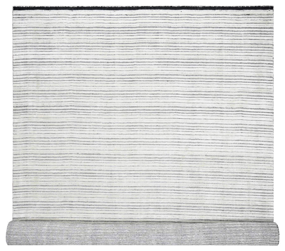 Ivory and Black Wool and Silk Hand Loomed Modern Oversize Oriental Rug 12'2"x15'