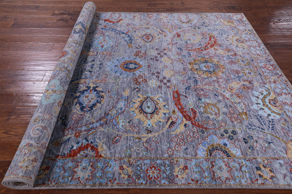 Persian Wool and Silk Sickle Leaf Design Hand Knotted Rug 6' 3" X 9' 1" Q8640