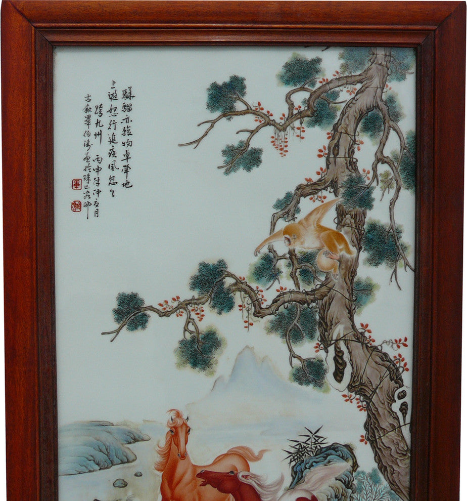 Chinese Rosewood Porcelain Monkey Horses Scenery Wall Plaque Panel