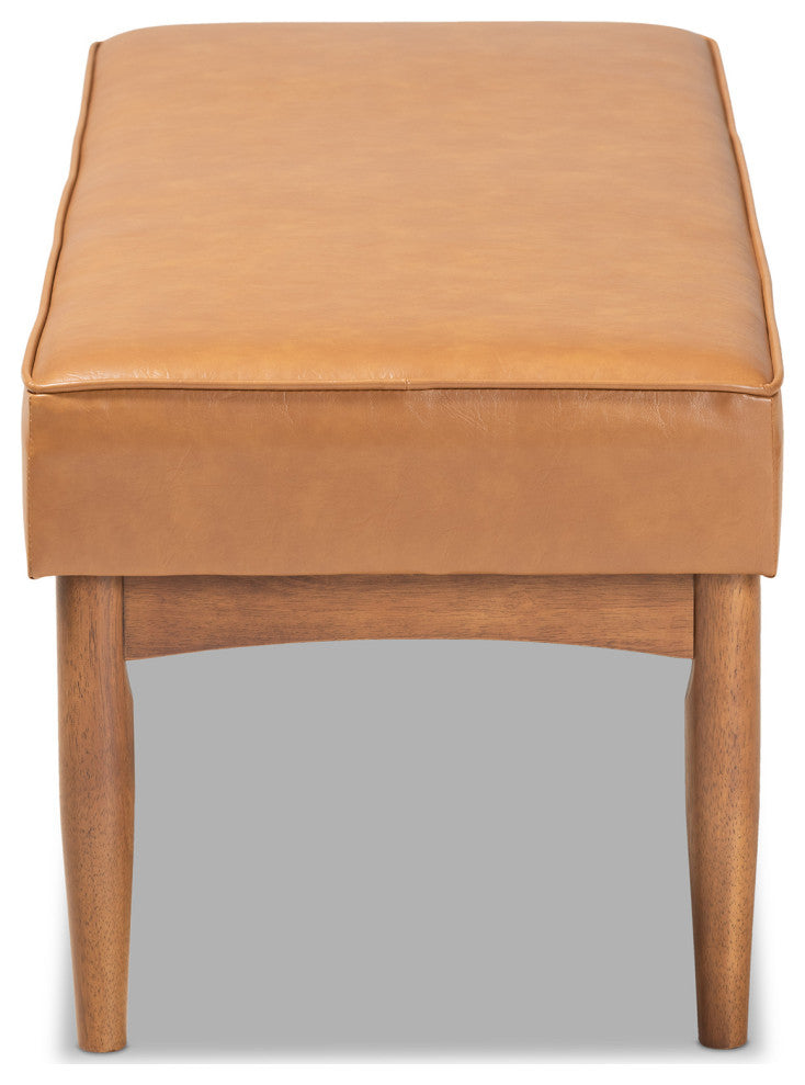 San Simeon Mid-Century Tan Faux Leather and Walnut Brown Wood Dining Bench