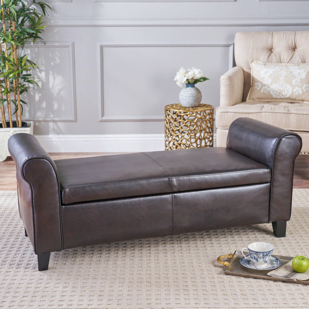 GDF Studio Hayes Contemporary Upholstered Storage Ottoman Bench with Rolled Arms, Brown