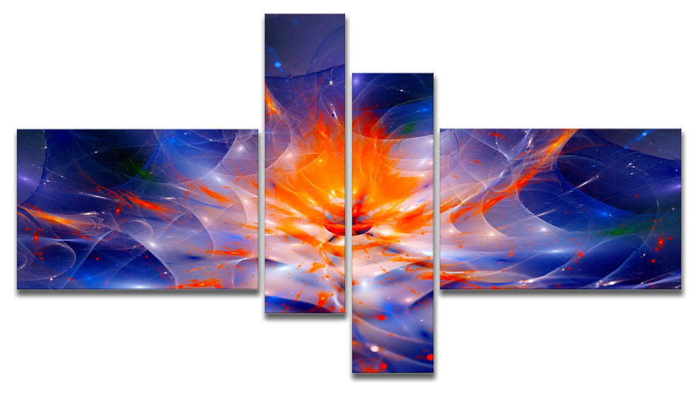 Colorful Glowing Space Flower Fractal, Large Floral Wall Art, 60"x32", 4 panels