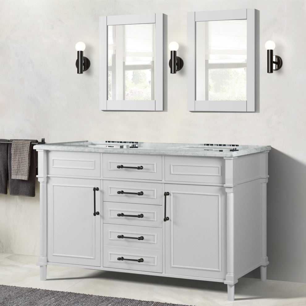 60" Double Vanity, White With White Carrara Marble Top