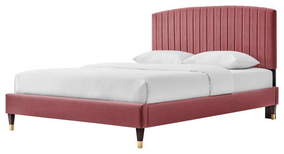 Platform Bed Frame, Queen Size, Pink, Velvet, Modern, Bedroom Guest Suite