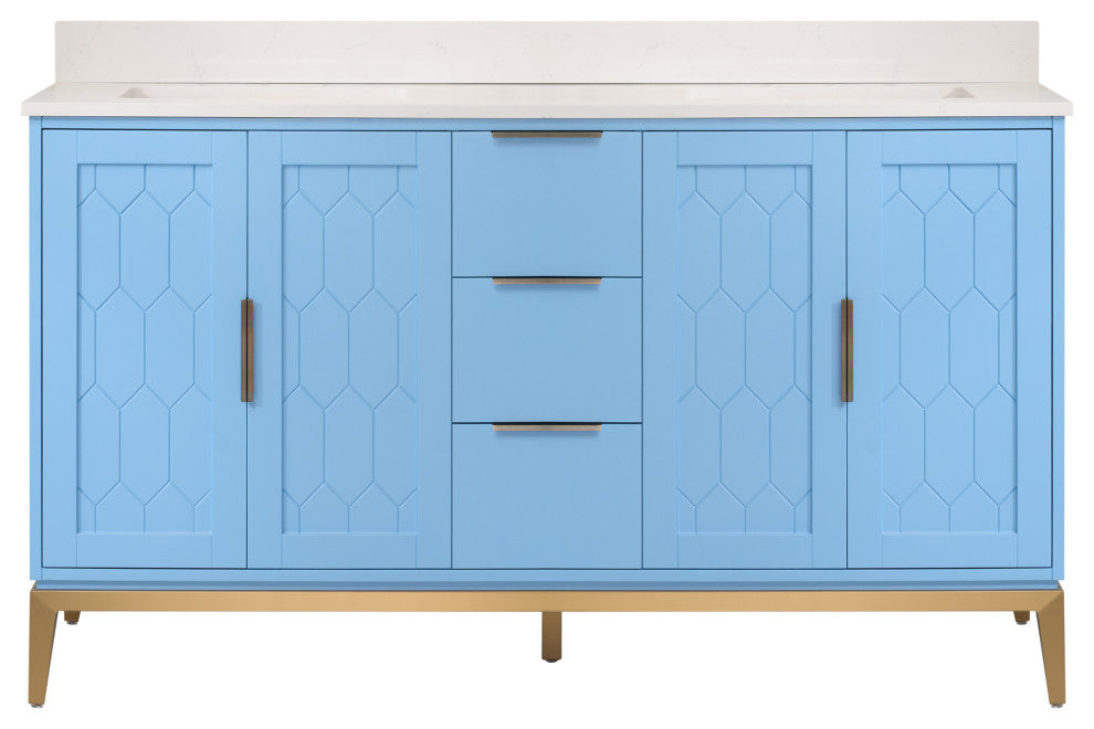Alison Freestanding Bathroom Vanity with Italian Carrara White Marble Top, Light Blue, 60"